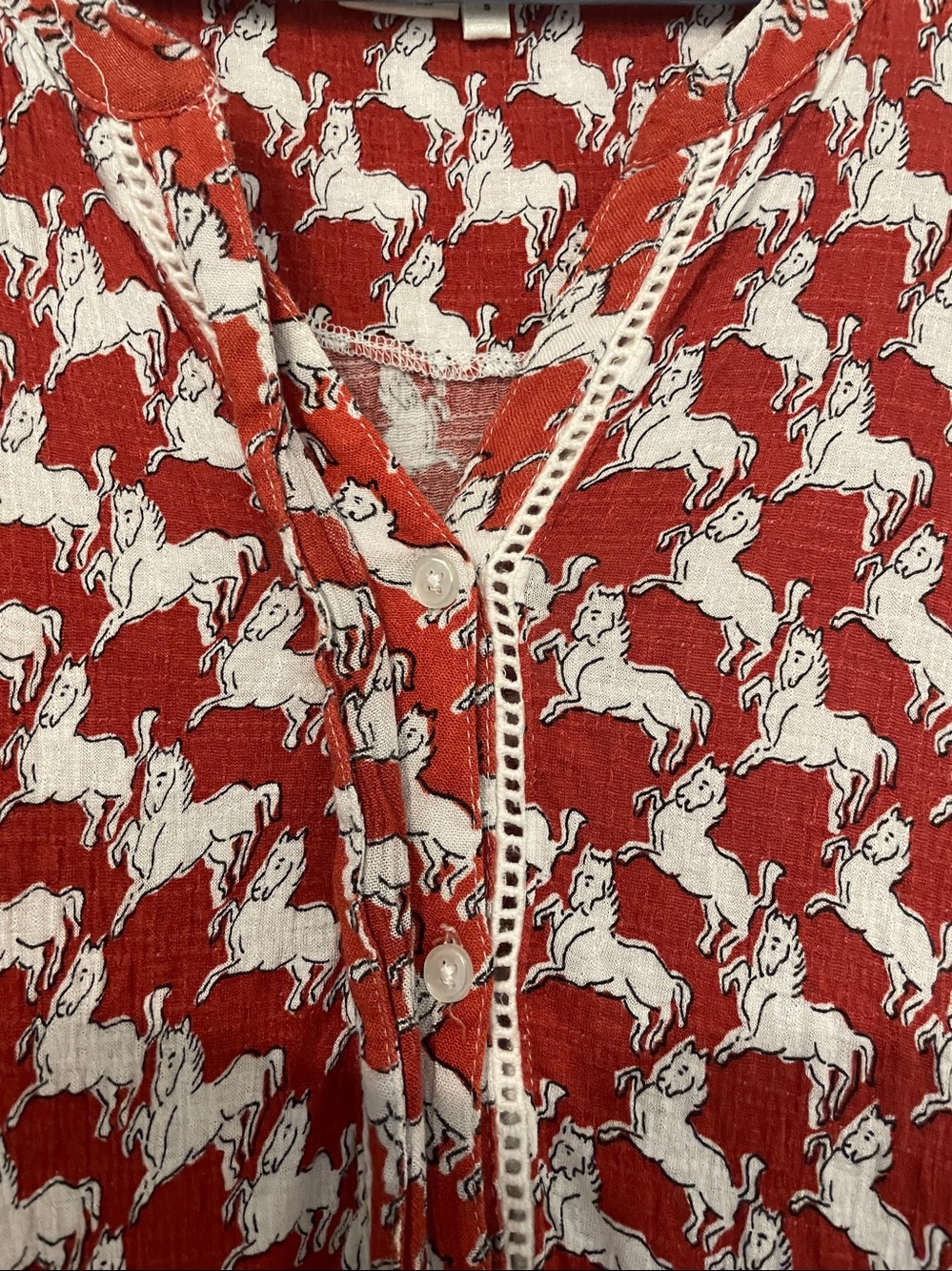 Anthropologie Red and White Horse-Print Button-Front Blouse - Picture 3 of 6